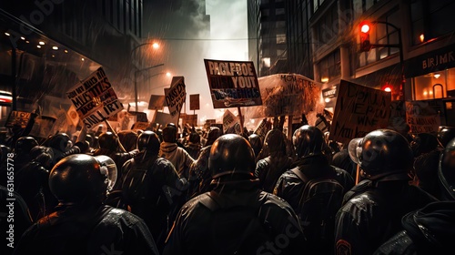 A charged scene of protesters on streets holding placards, clashing with the police, epitomizing the fight for justice and equality. Generative AI