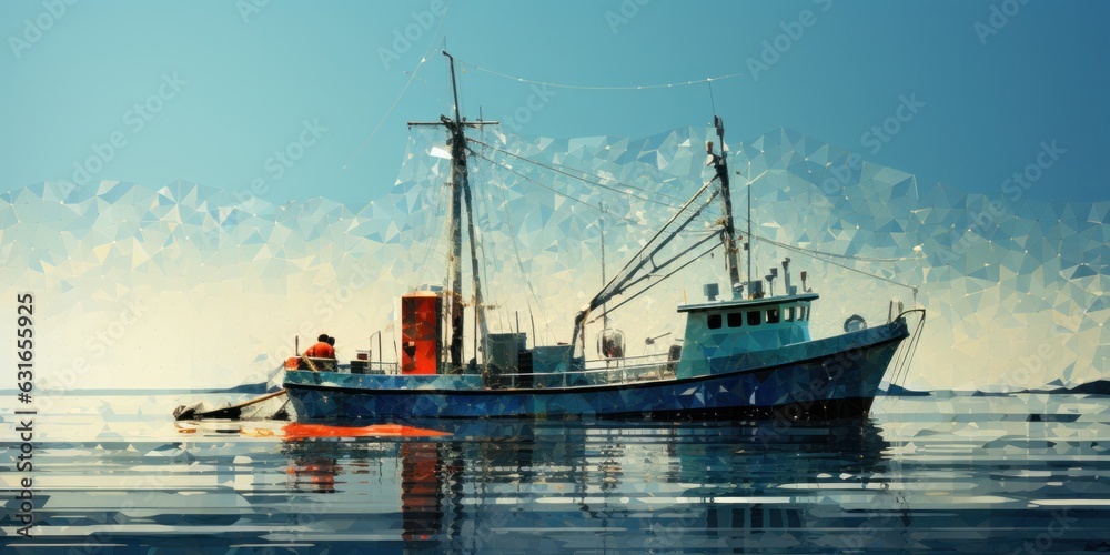 illustration of the fishing boat stopped quietly on the sea, generative AI