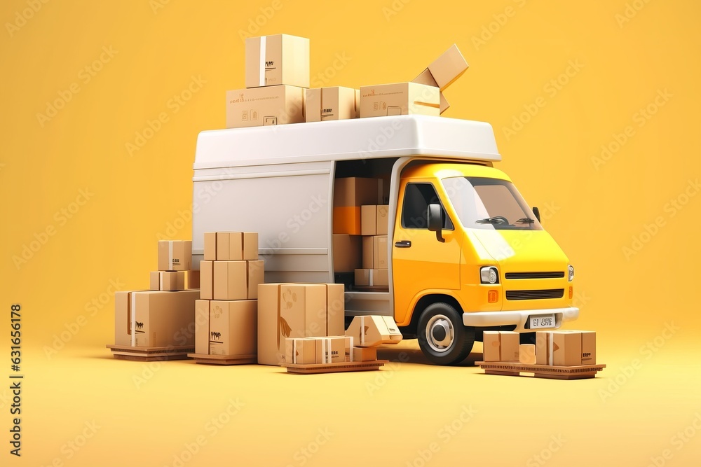 a minimalistic cartoon flat design logistics post delivery truck with a lot of cardboard parcel boxes. isolated on yellow background. Generative AI a minimalistic cartoon flat design logistics post delivery truck with a lot of cardboard parcel boxes. isolated on yellow background. Generative AI