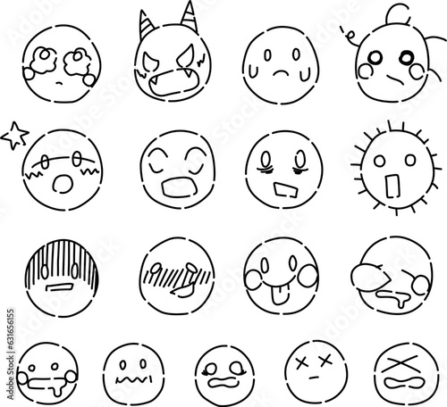 漫画的な表現を使ったいろいろな表情アイコン線画セット
