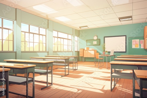 a minimalistic flat design empty school classroom in cartoon anime art style. back to school. Generative AI © SayLi