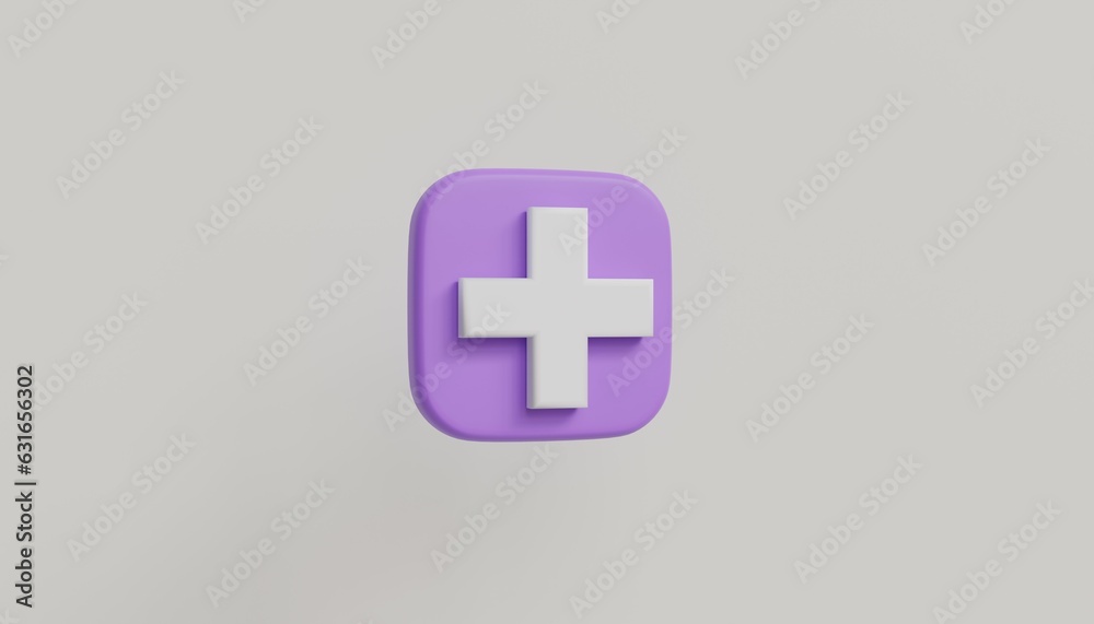 Fototapeta premium 3d white plus sign icon on the white background. Cartoon icon of first aid and health care add minimal style. Medical drugs plus 3d symbol of emergency help. 3d icon render illustration
