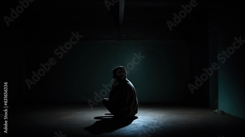 A haunting portrayal of a solitary figure in a dimly lit room, symbolizing the effects of isolation on mental health. Generative AI