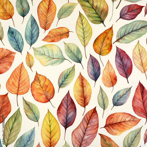  seamless pattern of colorful autumn leaves on a white background. The leaves are in different shades of red, yellow, orange, and brown