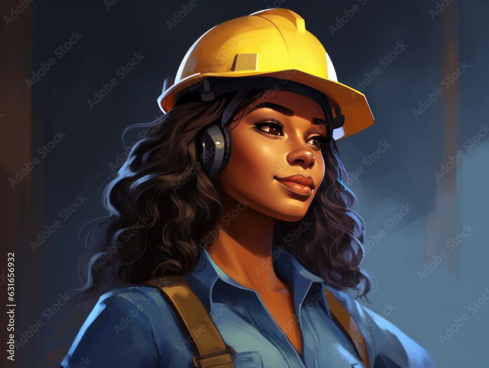 woman working on a construction site, construction hard hat and work vest, smirking, middle aged or older, - obrazy, fototapety, plakaty 