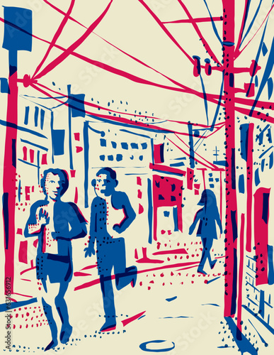 Risograph technique illustration of an urban city street scene with pedestrians walking along the shops and stores done in retro riso effect digital screen printing style. 