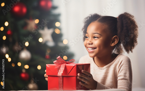 Black african american dark-skinned happy little smiling girl with Christmas gift box at home. Holidays and celebration concept