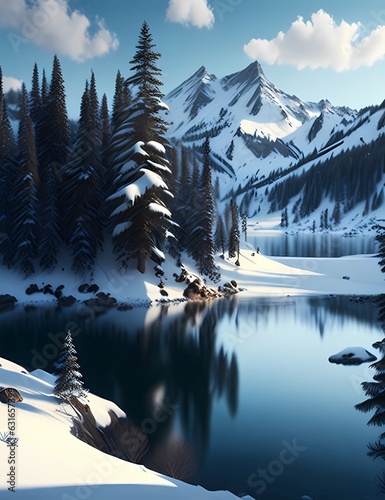 mountain lake and pine trees in the winter, generative Ai art