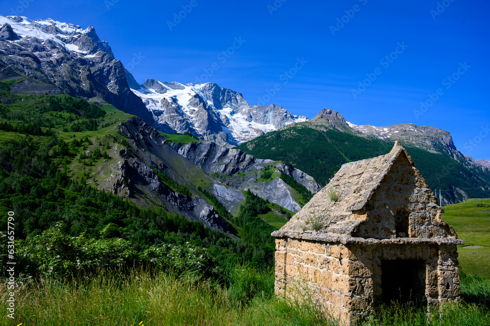 La Grave, village in Hautes-Alpes department in southeastern France, small ski resort with off-piste for extreme skiers in French Alps, dominated by mountain peak La Meije in summer