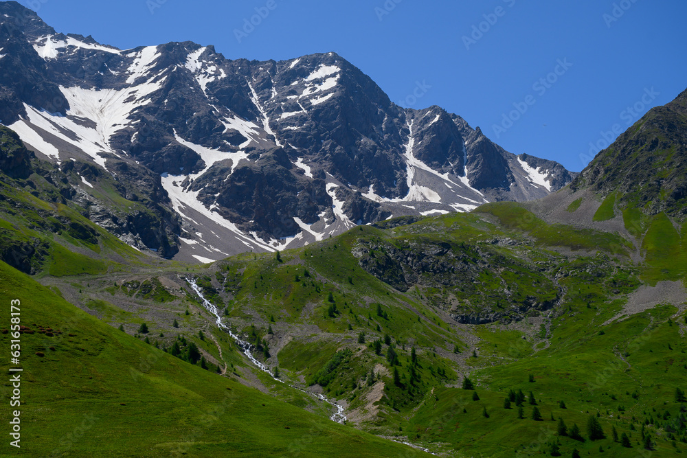 Mountains and alpine meadows views near Col du Lautaret, Massif des Ecrins, Hautes Alpes, France in summer