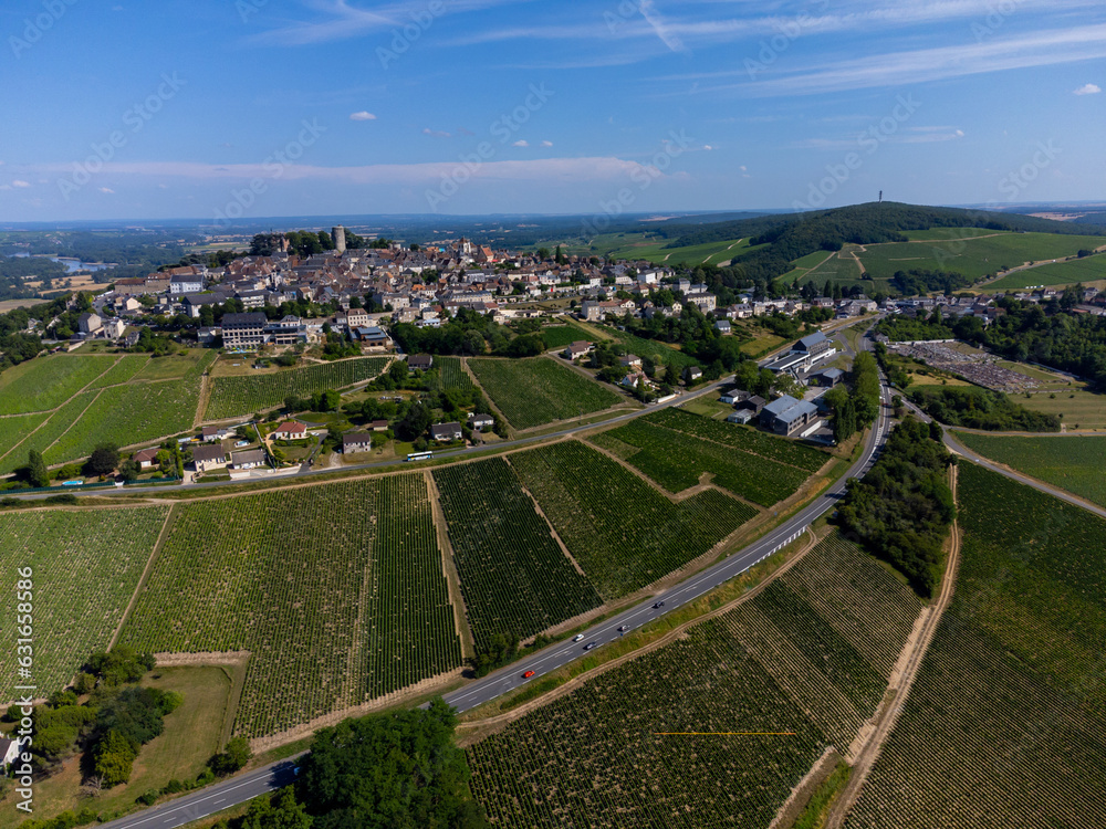 Aerial view on vineyards around Sancerre wine making village, rows of sauvignon blanc grapes on hills with different soils, Cher, Loire valley, France