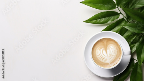 White cup of coffee on green leaves background