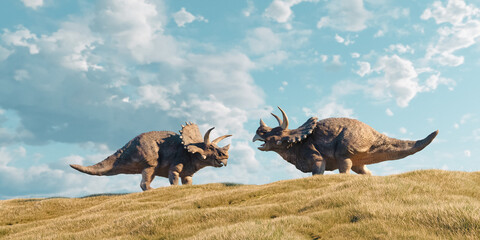 Poster Dinosaurus Triceratops in groene natuur  © allvision
