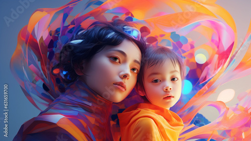 non - binary parent and child bonding over shared hobbies, geometric shapes, saturated colors, futuristic aesthetic, emphasizing connection