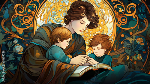  a mother teaching her son to read, intricate linear designs and patterns, vibrant colors