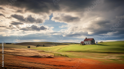 Organic farm landscape under dramatic cloudy sky, rolling fields, vintage farmhouse in the distance