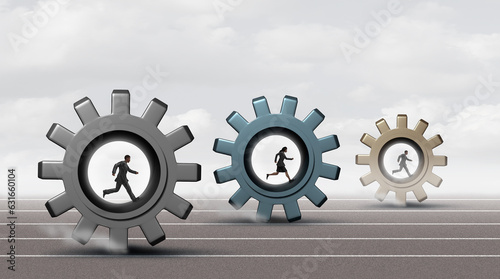 Business Competition as a corparate workers race as businesspeople racing as an Economic sprint with gears and cog wheels photo