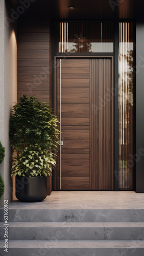 Sleek modern style front door with some plants around it