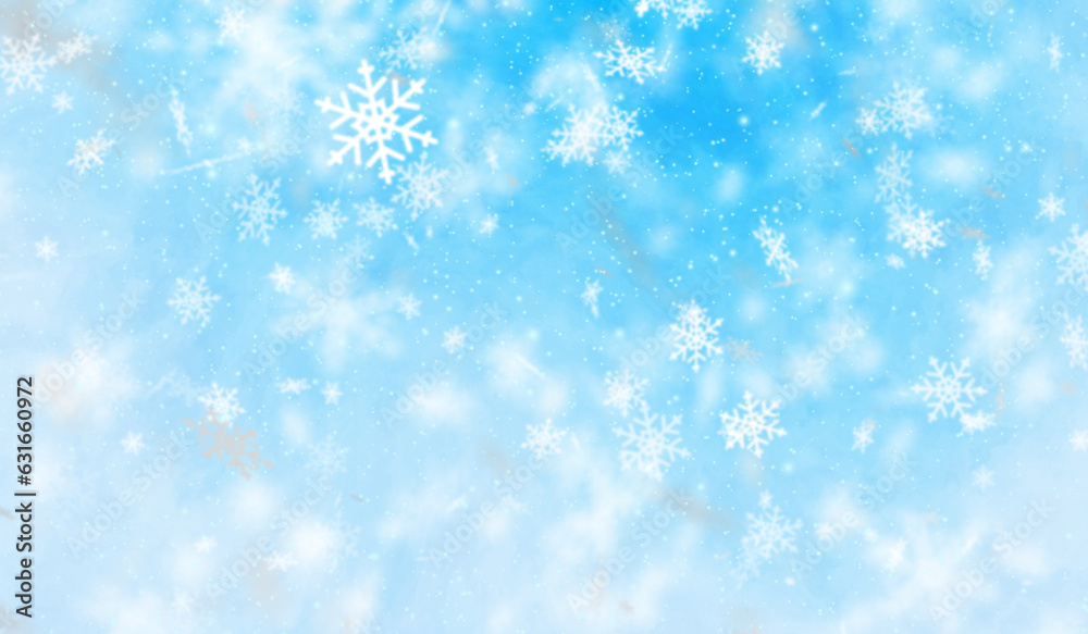 3D winter snow flakes particles falling on blue gradient background.