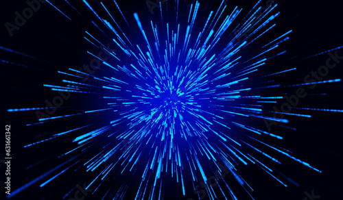 3D abstract digital technology blue light particles on blue background.