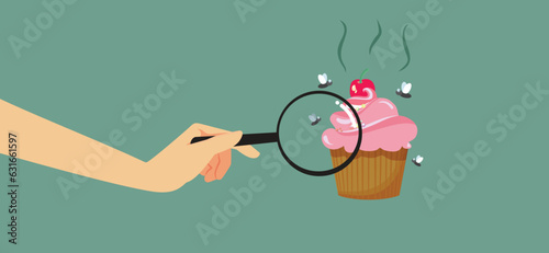 Person Inspecting a Spoiled Muffin Surrounded by Flies Vector Cartoon Illustration. Bad contaminated food in insect infested conditions 