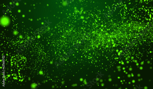 3D abstract digital technology green particles network on green background.
