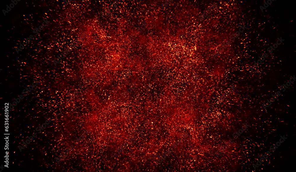 3D abstract digital technology particles fragmentation and mixing of orange-red on black background.