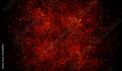 3D abstract digital technology particles fragmentation and mixing of orange-red on black background.