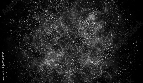 3D abstract digital technology particles fragmentation and mixing of white on black background.