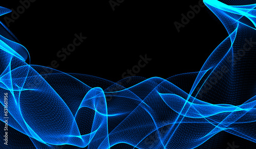 3D abstract digital technology blue particles network wave on black background.