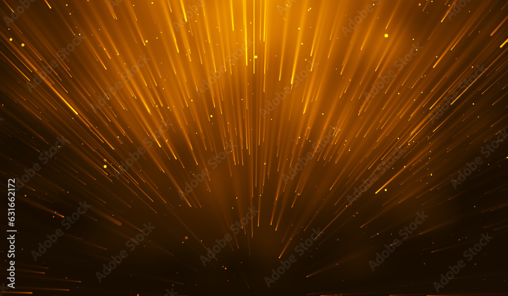 3D abstract digital technology yellow-orange particles network on red background.