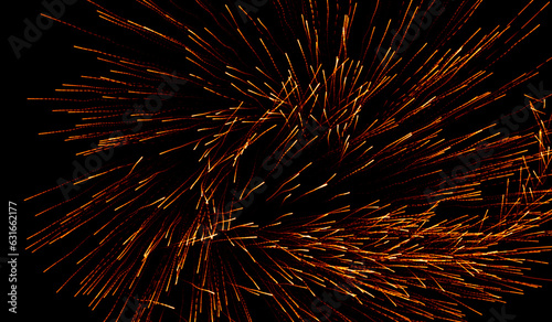 3D abstract digital technology particles fragmentation and mixing of orange on black background.