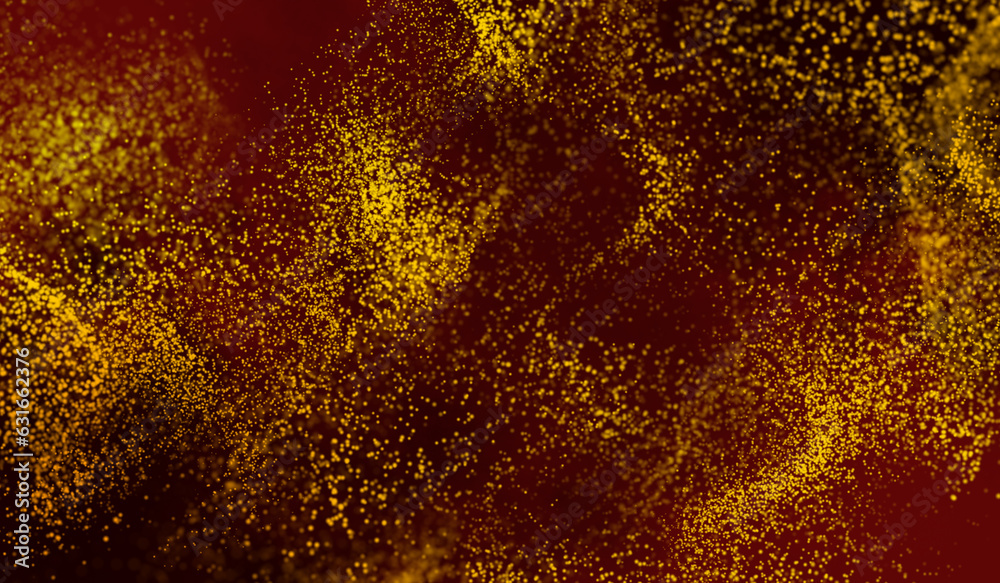 3D abstract digital technology particles fragmentation and mixing of orange on red background.