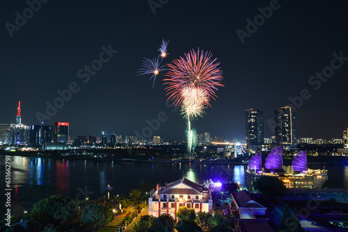 fireworks over the city, April 30 holiday in Saigon, Vietnam