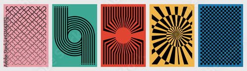 Brutalist modern poster set. Retro Bauhaus style geometric lines form composition poster template with trendy geometric shapes.