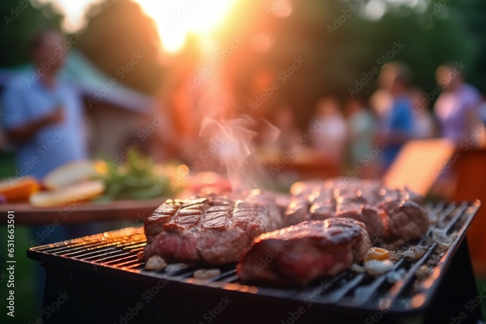 Outdoor barbeque with friends and family grilled steak and chicken with background of blurred person