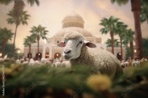 A sheep stands in front of a mosque building during Eid celebration photo