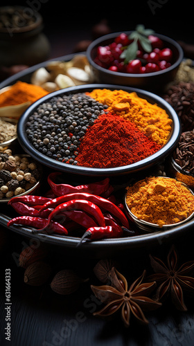 Various aromatic colorful spices and herbs. Ingredients for cooking and Ayurveda treatments.