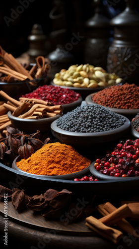 Various aromatic colorful spices and herbs. Ingredients for cooking and Ayurveda treatments. © STORYTELLER