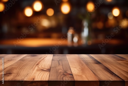 Montage wooden table with blurred modern kitchen room background. Generative AI