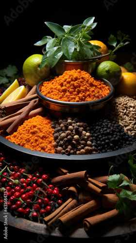 Various aromatic colorful spices and herbs. Ingredients for cooking and Ayurveda treatments.