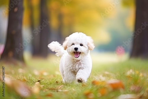 Happy bichon frise dog walking in autumn park Fototapet