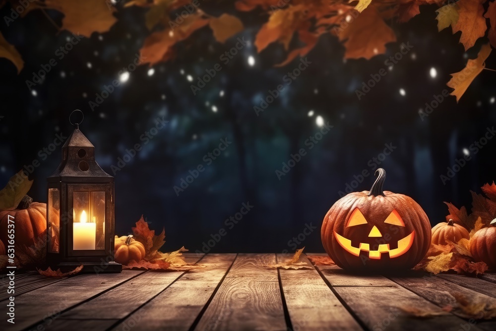 Obraz premium Halloween theme on wooden desk with copy space. thanksgiving. Generative AI