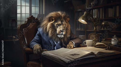 The King's Briefing: Lion in Suit at Tiny Desk © icehawk33