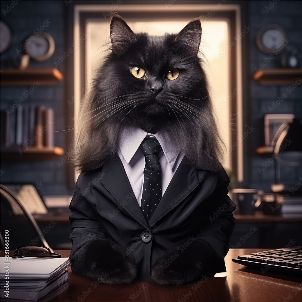 Illustration of a black cat boss in office costume. AI-generated art ...