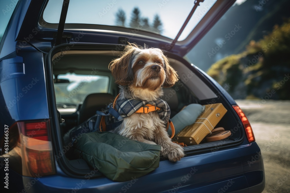 Dog sitting in car with luggage for travel. Generative AI