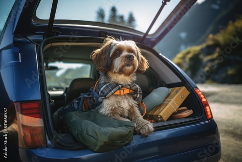 Dog sitting in car with luggage for travel. Generative AI