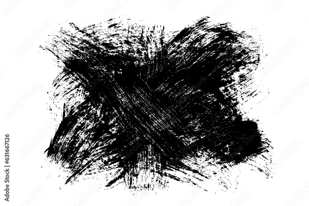 Black abstract brush strokes. Ink stain isolated on white background. Grainy textured design elements. Vector illustration, eps 10.