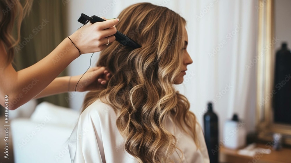 Hairdresser styling hair in a salon - obrazy, fototapety, plakaty 