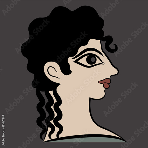 Head of a Cretan Minoan girl. Female portrait in profile. Pretty woman or goddess. La Parisienne fresco from Knossos. On dark background.
